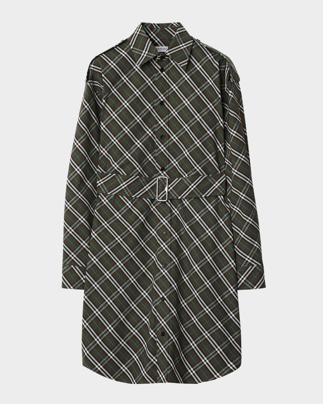 Check Long-Sleeve Belted Shirtdress